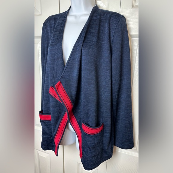 New T by TALBOTS Cardigan Sweater Blue Red Stripe Trim Open Cascading Draped - Picture 3 of 9